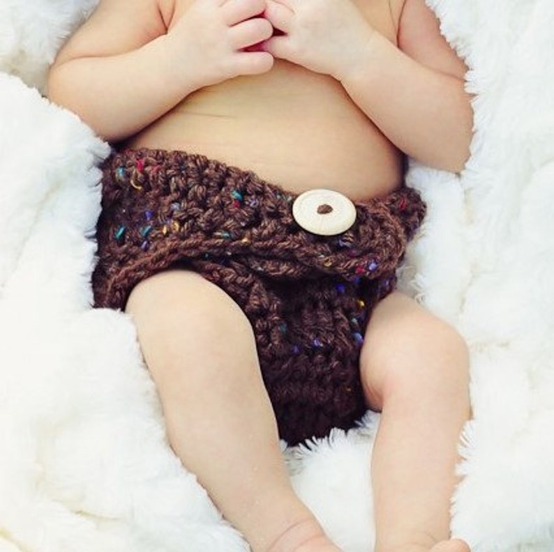 Brown Tweed Hat & Diaper Cover, Newborn Photography Props, Baby Diaper, Crochet Cap, Button Hat, Chunky Newborn Clothing, Baby Photo Props image 3