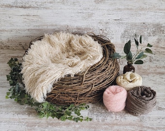 Wood Nest, Flokati Fur, Baby Wraps Set: Newborn Photography Props