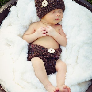 Brown Tweed Hat & Diaper Cover, Newborn Photography Props, Baby Diaper, Crochet Cap, Button Hat, Chunky Newborn Clothing, Baby Photo Props image 4