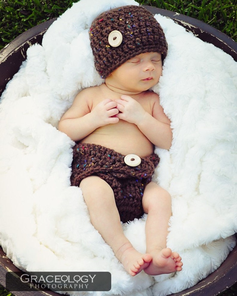 Brown Tweed Hat & Diaper Cover, Newborn Photography Props, Baby Diaper, Crochet Cap, Button Hat, Chunky Newborn Clothing, Baby Photo Props image 4