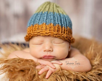 Blue Green Caramel Newborn Knit Hat