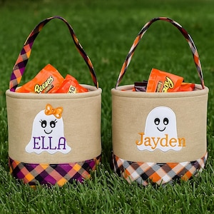 Canasta de Halloween personalizada para pedir dulces, canasta de Halloween con nombre personalizado, canasta con monograma, regalo de Halloween para niños, canasta de pedir dulces