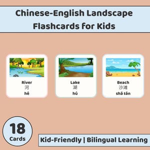 Könnte beinhalten: Chinesisch-englische Lernkarten für Kinder mit Landschaftsmotiven. Die Karten zeigen Bilder von Fluss, See und Strand, mit chinesischen Schriftzeichen und Pinyin. Das Set umfasst 18 Karten und ist für zweisprachiges Lernen konzipiert.
