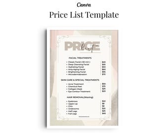 Plantilla editable de lista de precios en Canva - Menú de servicios minimalista, diseño profesional para imprimir, descarga digital.