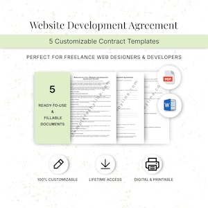 Pode incluir: Um pacote digital de 5 modelos de contrato para acordos de desenvolvimento web. Os documentos estão prontos para uso, são preenchíveis e estão disponíveis em formatos PDF e Word. Inclui personalização total e acesso vitalício.