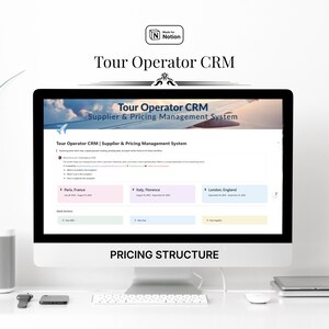 May include: A computer monitor displays a "Tour Operator CRM" interface with the text "Supplier & Pricing Management System." The screen shows a dashboard with location data for Paris, Florence, and London. The text "Pricing Structure" is at the bottom.
