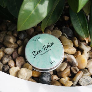 May include: A silver tin with a green lid and the text "The Silk Zion Balm Moisturizing Salve" on it. The tin is sitting on a bed of small, light brown rocks.