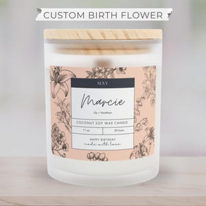 Personalized May Birth Month Flower Scented Wood Wick Candle, Custom Birthday Gift, Friend, Mother, Girlfriend, Sister, Daughter Gift