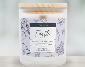 Personalized February Birth Flower Candle: Wood Wick, Frosted Glass