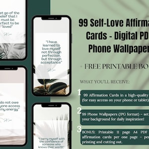 Karty afirmacji miłości do siebie – cyfrowe pliki PDF i tapety na telefon + darmowy bonus do wydrukowania | Uważność, pozytywne cytaty, karty motywacyjne.
