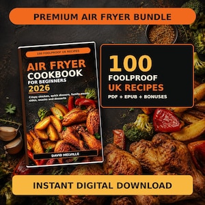 May include: A digital air fryer cookbook bundle titled Air Fryer Cookbook for Beginners 2026 by David Melville, featuring 100 foolproof UK recipes. The cover displays roasted chicken and vegetables. Includes PDF, EPUB, and bonus files for download.