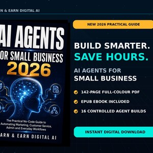 Könnte beinhalten: Ein digitaler Leitfaden mit dem Titel AI Agents for Small Business 2026, der eine leuchtend blaue Silhouette eines menschlichen Kopfes mit neuronalen Netzwerken zeigt. Das Cover enthält Text zur Automatisierung, ein 142-seitiges PDF und 16 Agenten-Builds.