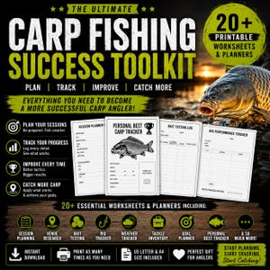 May include: A digital toolkit for carp fishing featuring 20+ printable worksheets and planners. The design includes text such as THE ULTIMATE CARP FISHING SUCCESS TOOLKIT, session planners, bait testing logs, and rig performance trackers for anglers.