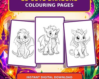 赤ちゃんドラゴンの塗り絵25枚、印刷可能なファンタジーアクティビティブック（デジタルダウンロード）