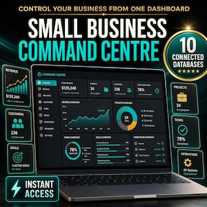 May include: A laptop displaying a dark-themed business dashboard titled Command Centre, featuring data visualisations like line graphs, pie charts, and progress bars. Text includes Control Your Business From One Dashboard and 10 Connected Databases.