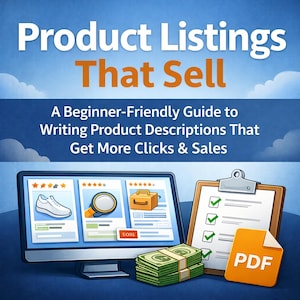 May include: An illustration promoting product listings. The image features a computer screen displaying product examples, a clipboard with checkmarks, a stack of money, and a PDF icon. Text reads "Product Listings That Sell" and "A Beginner-Friendly Guide to Writing Product Descriptions That Get More Clicks & Sales."