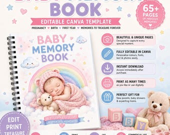 赤ちゃんの思い出帳用Canvaテンプレート：妊娠、出産、生後1年間の記念ジャーナル（デジタルダウンロード）