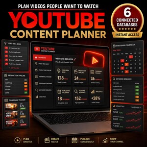 May include: A digital YouTube content planner displayed on a laptop screen, featuring a dashboard with modules for video ideas, production pipelines, publishing calendars, keyword research, and analytics, surrounded by detailed interface panels.