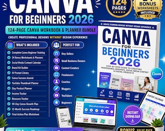 Pakiet Canva Workbook & Planner (124 strony) zawiera e-booka i ponad 20 arkuszy roboczych