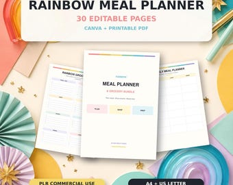 レインボーミールプランナーCanvaテンプレート、30ページ構成の食料品＆レシピセット、商用利用可能なPLR