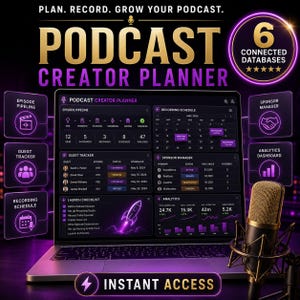 May include: A digital podcast creator planner displayed on a laptop screen, featuring sections for episode pipeline, recording schedule, guest tracker, sponsor manager, and analytics. A gold microphone stands in the foreground with text overlays.