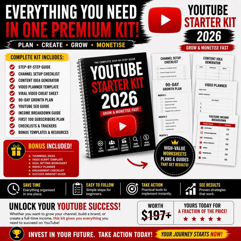 Youtube Channel Starter Kit 2026 Grow &amp; Monetise Fast With Worksheets - Etsy Canada