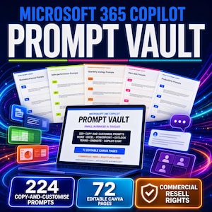Puede incluir: Un producto digital titulado Microsoft 365 Copilot Prompt Vault con una pantalla de portátil que muestra más de 220 prompts para copiar y personalizar para Word, Excel, PowerPoint, Outlook, Teams, OneNote y Copilot Chat, y 72 páginas de Canva.