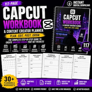 May include: A 117-page CapCut workbook and content creator planner featuring a spiral-bound cover with a city skyline graphic. The set includes various printable worksheets such as a monthly content calendar, video script planner, and a 90-day growth plan.