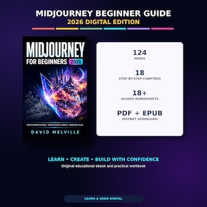 May include: A digital ebook titled Midjourney for Beginners 2026 by David Melville, featuring a vibrant cosmic cover art. The guide includes 124 pages, 18 step-by-step chapters, 18+ guided worksheets, and is available in PDF and EPUB file formats.