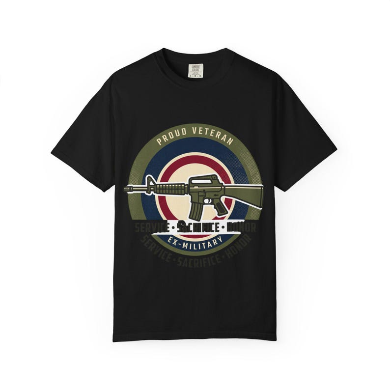 Proud Veteran Rifle Emblem T-Shirt Service Sacrifice Honor image 1