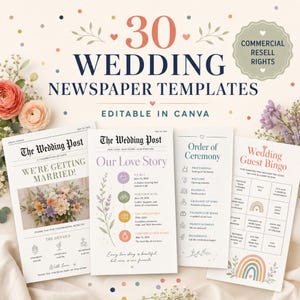 Plantilla de periódico de boda editable en Canva, paquete de programas de ceremonia, juegos, derechos de reventa comercial.