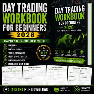 Może przedstawiać: Książka Day Trading Workbook for Beginners 2026 z czarną okładką, ilustracją zielonego byka, wykresami giełdowymi i tekstem, zawierająca 116 stron narzędzi do osiągania sukcesów w handlu, dzienniki transakcji i planer listy obserwacyjnej.
