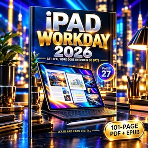 Pode incluir: Um livro intitulado iPad Workday 2026 com o texto Get Real Work Done On iPad In 30 Days, iPadOS 27 e 101-Page PDF + EPUB. A capa mostra um tablet com teclado e caneta, exibindo vários documentos digitais e imagens.