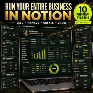 Può includere: Un portatile mostra una dashboard Business Command Centre in Notion con accenti verde scuro e oro. Lo schermo visualizza dati finanziari, progressi dei progetti e liste di attività. Dieci pannelli circondano il portatile.