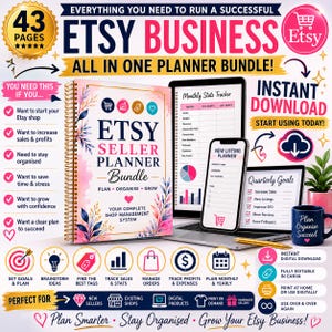 May include: A 43-page Etsy business planner bundle featuring a spiral-bound notebook with floral accents, a laptop displaying a monthly stats tracker, a smartphone showing a new listing planner, and a mug labelled Plan Organise Succeed.