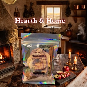 May include: A holographic pouch containing a botanical blend labeled Joyvia Co. Hearth & Home, featuring dried apple slices, cinnamon sticks, and herbs. The label lists ingredients including dried apple slices, bay leaves, basil, cinnamon, nutmeg, cedarwood oil, and Himalayan salt.