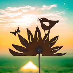 Blumen Vogel Pflanzenstecker Metall 3D Gartenstecker Schmetterling Outdoor Herbst Dekor rostig Im Trend Terrasse Vogel Pflanzgefäß Sonnenblume