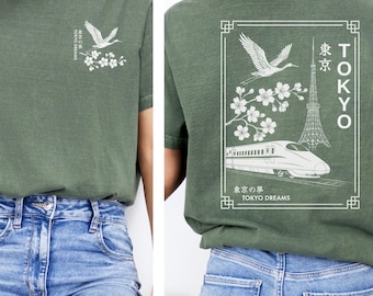 Camiseta de ropa urbana japonesa, camiseta de Tokio, camiseta de flor de cerezo de Tokio Kawaii, camiseta para amantes de las aves, camiseta con escritura japonesa, regalo para los amantes de Japón