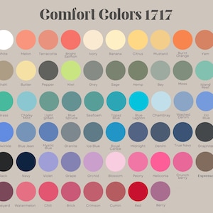 May include: A color chart with 48 different colors, labeled with their names. The colors are arranged in rows and columns, and the chart is titled "Comfort Colors 1717".