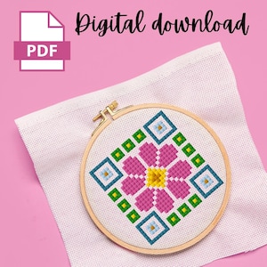 Flower Granny Square | Easy Beginner Cross-Stitch Pattern | Cute, Floral, Barn Quilt DIY gift