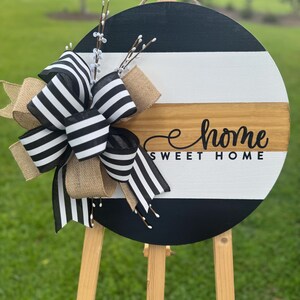 Home Sweet Home Wooden Door Hanger – Black & White Stripes, Burlap Bow, Rustic Stained Layered Decor