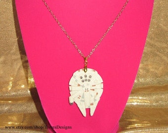 Millennium Falcon Pendant Gold tone Chain Necklace Star Wars Custom made by TorresDesigns - Ready To Ship