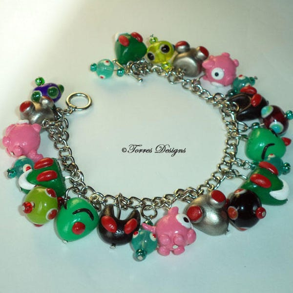 Sculpted Invader Zim Charm Bracelet Handmade Charms and Lamp Work Glass Beads One of a Kind OOAK Custom by TorresDesigns Ready To Ship