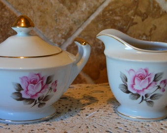 Prachtige Noritake Kutani roze roos creamer en suikerpot met deksel ~ gouden rand ~ gewoon heerlijk ~ we hebben meer stukken in dit patroon!