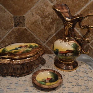 Lovely Vintage Hubert Bequet Pottery Pieces~Large Pitcher~Jewelry/Trinket Box~Ashtray~Earthernware Factory in Quaregnon