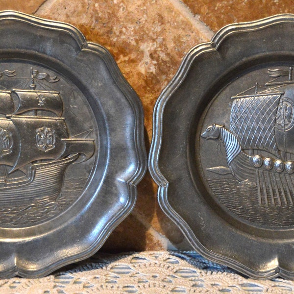 Two Pewter Ship Plates From Spain~About 8 3/4" In Diameter~Great For Vintage Room Or Man Cave