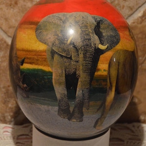 Ostrich Egg~Decoupaged With Safari Animals~Interesting Art Piece~No Stand~Elephant~Lion~Rino~Leopard~Yak~Egg Is About 6&quot; Tall
