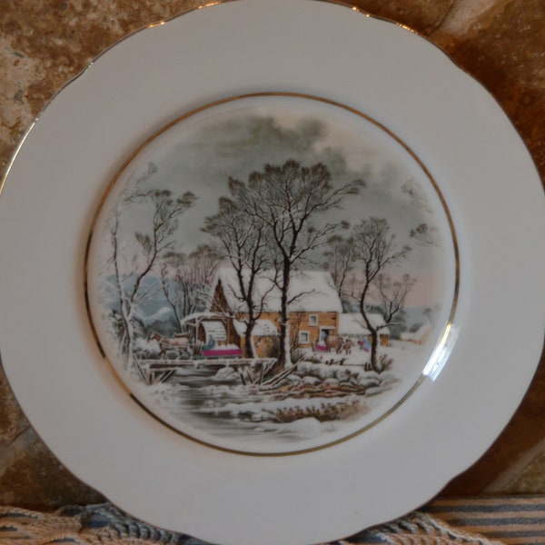 Lovely Avon Respresentative's Award Collector Plate~Currier and Ives Theme~1970s~8" Diameter~Scalloped Edges Trimmed In Gold~EUC