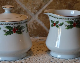 Holly Lane Christmas Creamer And Sugar Bowl With Lid~By Centurion Collection~Excellent Pre Owned Condition