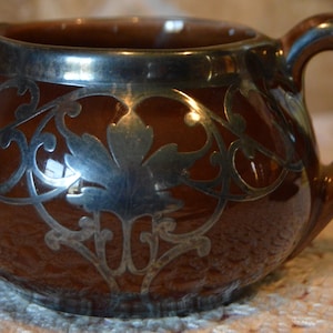 Art Nouveau Sterling Silver Overlay Creamer~Langley Mill Pottery~Art Deco~Chocolate Brown With Silver Overlay~Late 19th, Early 20th Century